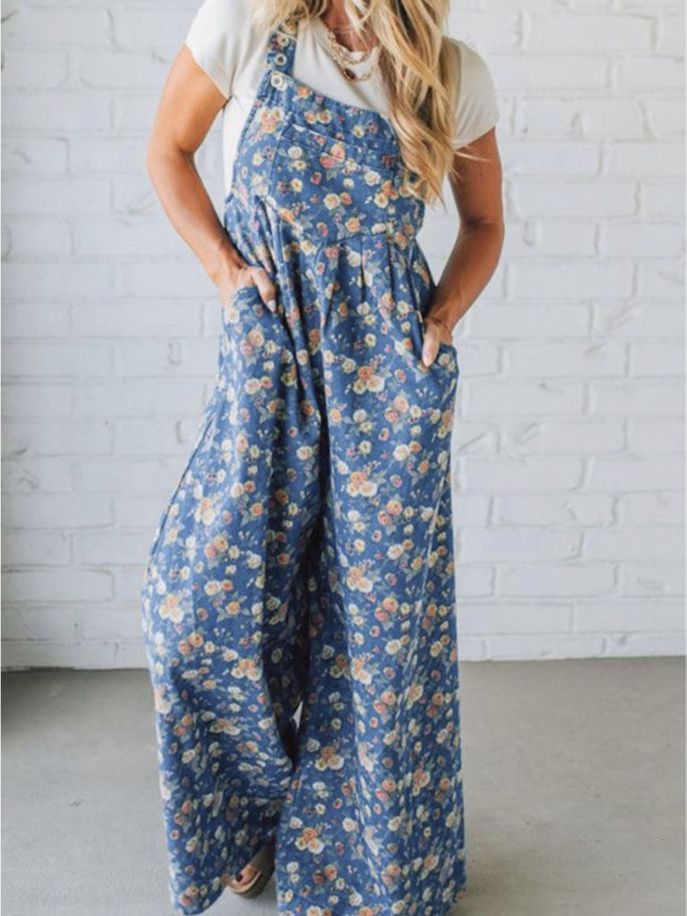 Floral Blue Wide-Leg Jumpsuit Overalls
